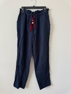 DKNY Navy Linen Pants Size 6 Elastic Waist Red Tie Straight Leg Summer Trousers